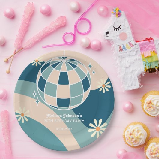 Retro Groovy Wave Disco Ball Daisy Green Geburtsta Pappteller (Party)