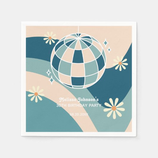 Retro Groovy Wave Disco Ball Daisy Green Geburtsta Serviette (Vorderseite)