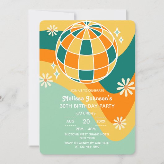 Retro Groovy Wave Disco Ball Daisy Orange Geburtst Einladung (Vorderseite)