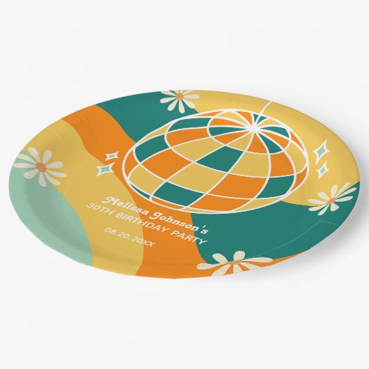 Retro Groovy Wave Disco Ball Daisy Orange Geburtst Pappteller (Schrägansicht)