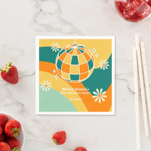 Retro Groovy Wave Disco Ball Daisy Orange Geburtst Serviette (Beispiel)