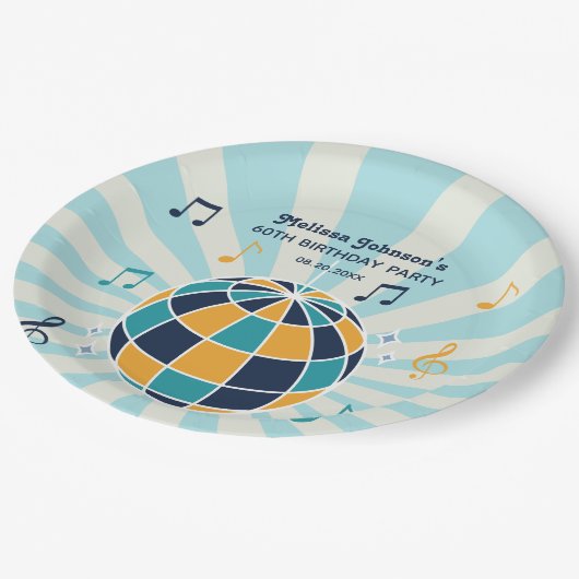 Retro Groovy Wave Disco Ball Musical Blue Geburtst Pappteller (Schrägansicht)
