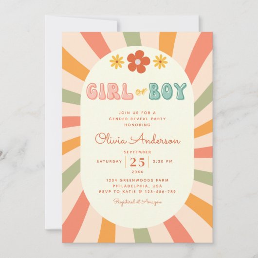 Retro Groovy Wavy Stripes Gender Reveal Party Einladung (Vorderseite)