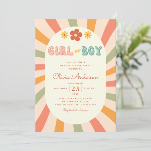 Retro Groovy Wavy Stripes Gender Reveal Party Einladung (Stehend Vorderseite)