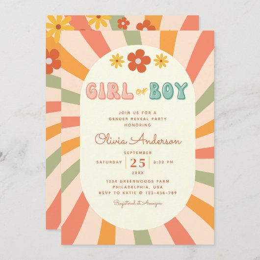 Retro Groovy Wavy Stripes Gender Reveal Party Einladung (Vorne/Hinten)