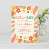 Retro Groovy Wavy Sunshine Blume Gender Reveal Einladung (Stehend Vorderseite)