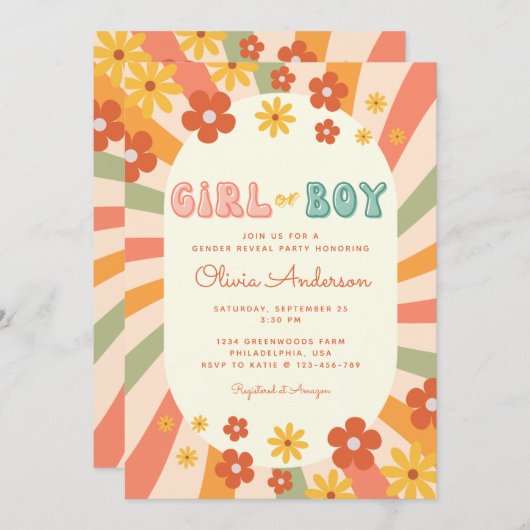 Retro Groovy Wavy Sunshine Blume Gender Reveal Einladung (Vorne/Hinten)