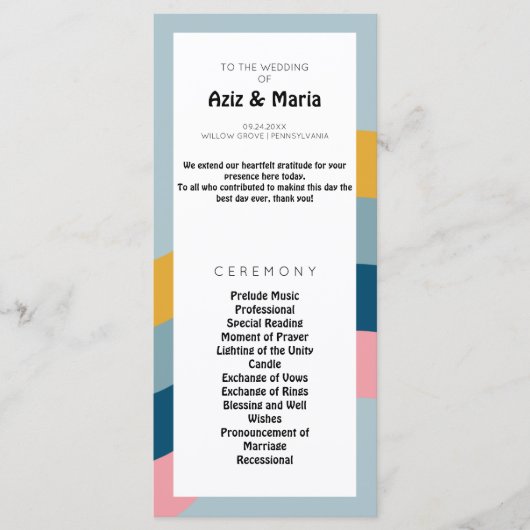 Retro Groovy Wedding Program - Eine farbenfrohe Re Programm (Vorderseite)