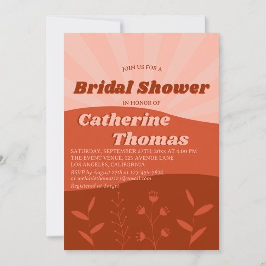 Retro Groovy Wildblume Boho Orange Brautparty Einladung (Vorderseite)