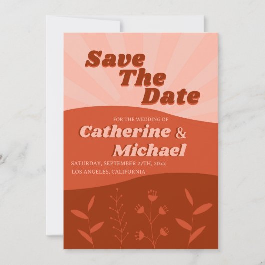 Retro Groovy Wildblume Terracotta & Orange Foto Save The Date (Vorderseite)