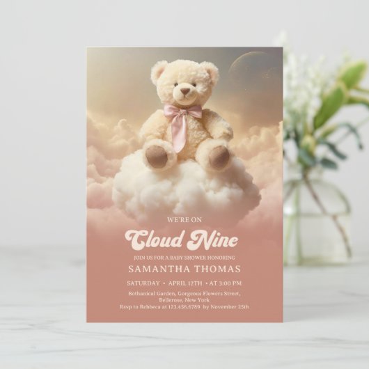 Retro Groovy wir sind auf Cloud neun Teddy Bär pin Einladung (Stehend Vorderseite)