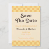 Retro Groovy Yellow Orange Checkered Save The Date (Vorderseite)
