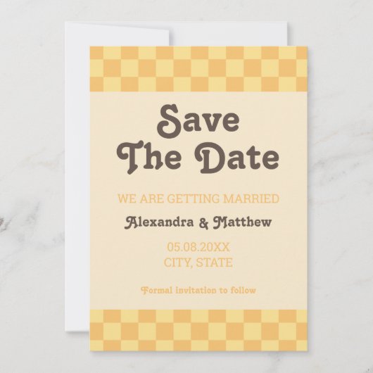 Retro Groovy Yellow Orange Checkered Save The Date (Vorderseite)