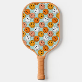 Retro groovy yellow &orange  funny smile emoji  pickleball schläger