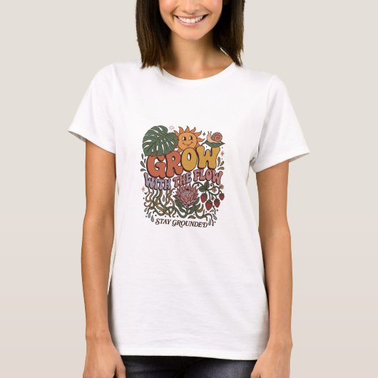 Retro Grow With The Flow T-Shirt | Boho Botanisch (Vorderseite)