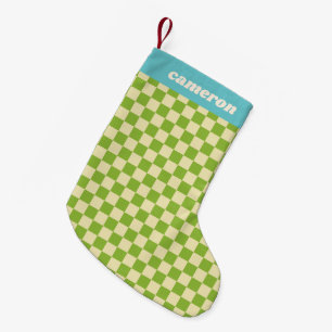 Retro Grün Blau Schachbrett Personalisierter Name Kleiner Weihnachtsstrumpf