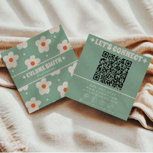Retro-Grün-Cream-QR-Code-Groovige Blumige Trendige Quadratische Visitenkarte