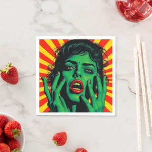 Retro-Grün-Frau Pop Art Serviette