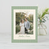 Retro Grün Gingham Karo Muster Foto Hochzeit Save The Date (Stehend Vorderseite)