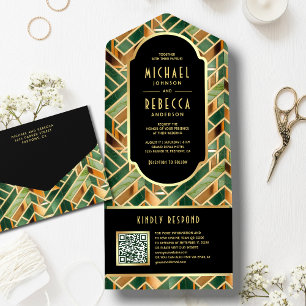 Retro Grün Gold Marmor Art Deco QR Code Hochzeit All In One Einladung
