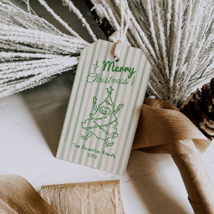Retro Grün Handgezeichneter Spaßiger Weihnachtsbau Geschenkanhänger