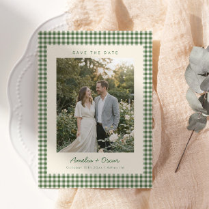 Retro-grün kariertes Karomuster Foto-Hochzeitseinl Save The Date