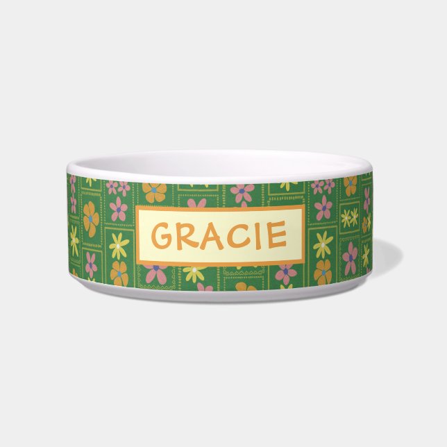 Retro Grün Patchwork Blumen Custom Mittel Hund Napf (Vorderseite)