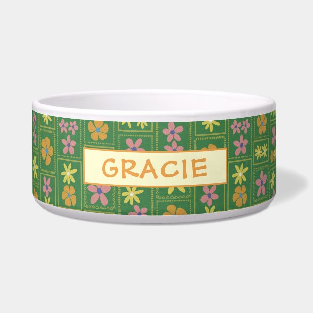 Retro Grün Patchwork Blumenmuster Maßgeschneidert  Napf (Vorderseite)