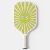 Retro-Grün-Sonnenstrahl-Monogramm-Initialen Pickleball Schläger (Rückseite)