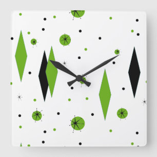 Retro-grüne Diamanten und Sternexplosionen-Wandkl Quadratische Wanduhr