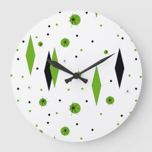 Retro-grüne Diamanten und Sternexplosionen-Wandkle Große Wanduhr