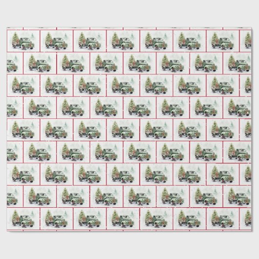 Retro-grüner LKW in Schneeflocken Geschenkpapier (Flach)