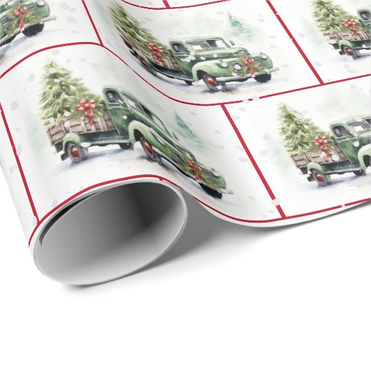 Retro-grüner LKW in Schneeflocken Geschenkpapier (Rolleneckpunkt)