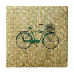 Retro grünes Fahrrad mit Blumen-Korb Fliese