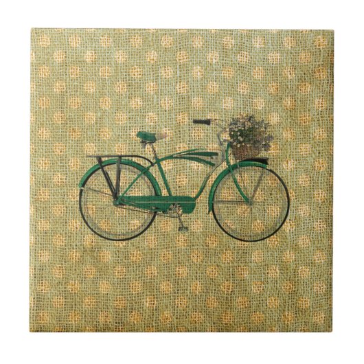 Retro grünes Fahrrad mit Blumen-Korb Fliese (Vorderseite)
