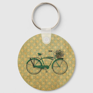 Retro grünes Fahrrad mit Blumen-Korb Schlüsselanhänger