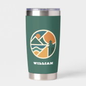 Retro-grünes orangefarbenes Mountainbike Adventure Thermobecher (Rückseite)