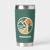 Retro-grünes orangefarbenes Mountainbike Adventure Thermobecher (Vorderseite)