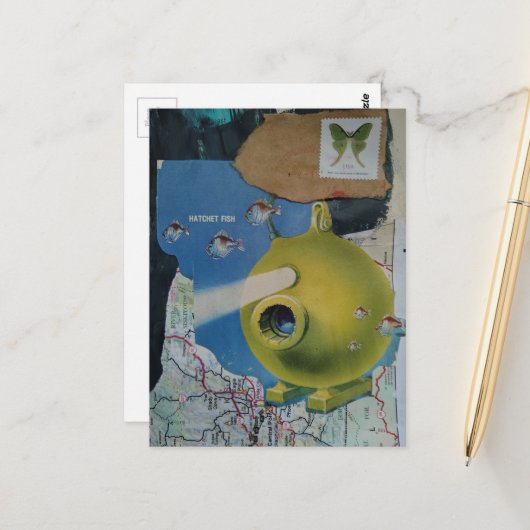 Retro Grünes U-Boot Fisch und Motten Collage Postkarte (Vorderseite/Rückseite Beispiel)