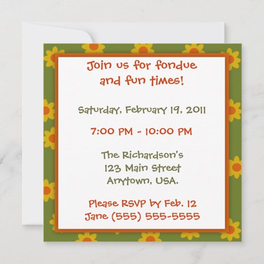Retro grünes und orange Gänseblümchen-Fondue-Party Einladung (Rückseite)