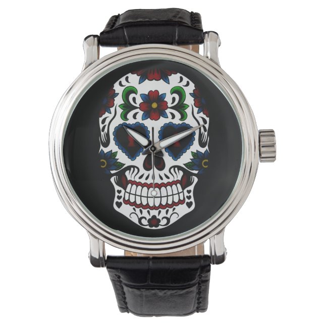 Retro Grunge Day of the Dead Sugar Skull Armbanduhr (Vorderseite)