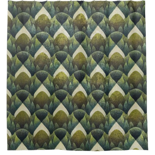Retro Grünoliv geometrisches Kunstmuster Duschvorhang (Vorderseite)