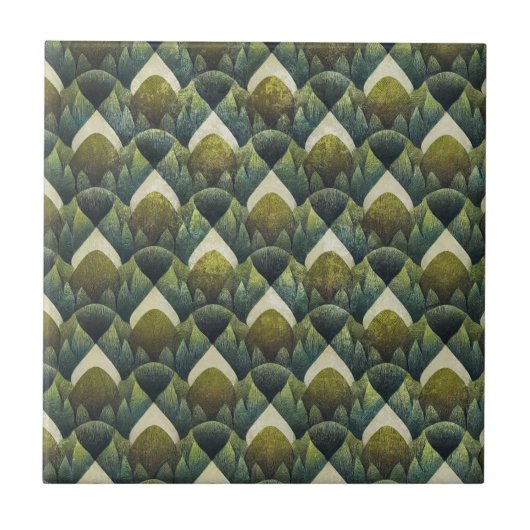 Retro Grünoliv geometrisches Kunstmuster Fliese (Vorderseite)