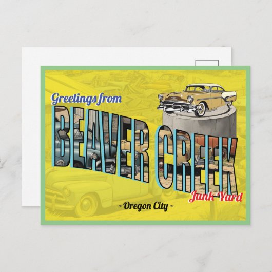 Retro-Grüße aus Biber-Creek-Junk-Yard Postkarte (Vorne/Hinten)