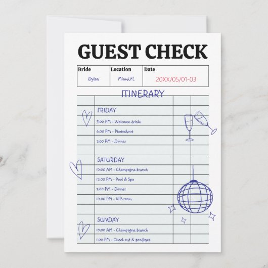 Retro Guest Karo Handwriting Bachelorette Weekend Einladung (Rückseite)