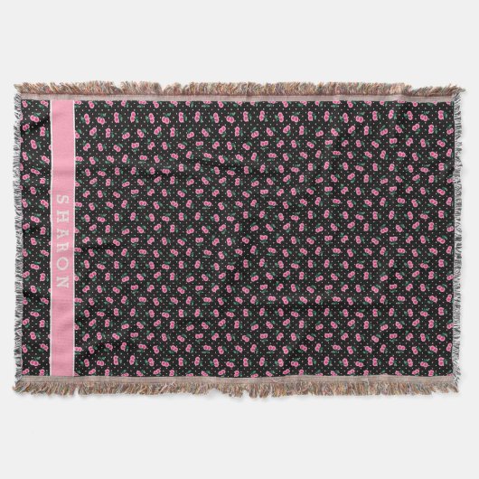 Retro gürtelschwarz rosa Kirschmuster Monogramm Decke (Vorderseite)