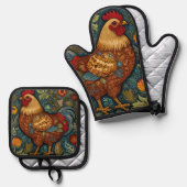 Retro-Hahn boho schicke Hähnchen Ofenhandschuh & Topflappen-Set (Vorderseite/Rückseite)