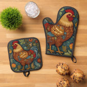 Retro-Hahn boho schicke Hähnchen Ofenhandschuh & Topflappen-Set (Oben Unten)