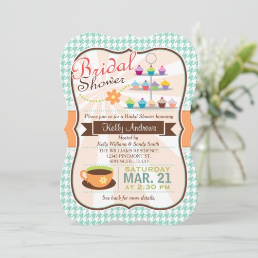 Retro Hahnentrittmuster Tee Party, Cupcake Brautpa Einladung (Stehend Vorderseite)