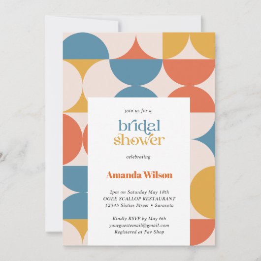 Retro Halbkreis Scallop Mitte Jahrhundert Bridal Einladung (Vorderseite)